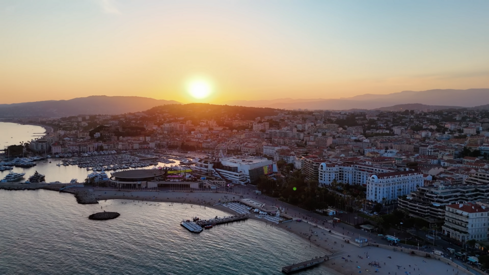 Aerial drone shot of Cannes and the Palais des Festivals in 2024